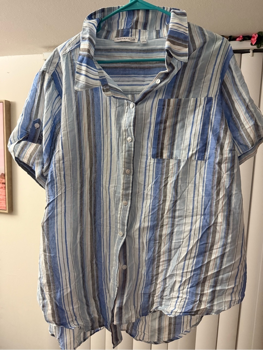 Notations Striped Button Down Short Sleeve Shirt Women’s 2XL Blue Coastal